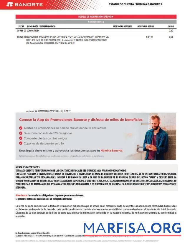 Downloadable Mexico Banorte bank statement word version 2 template